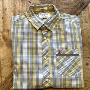 Men’s large Penguin long sleeve dress shirt grey and yellow plaid lightly worn